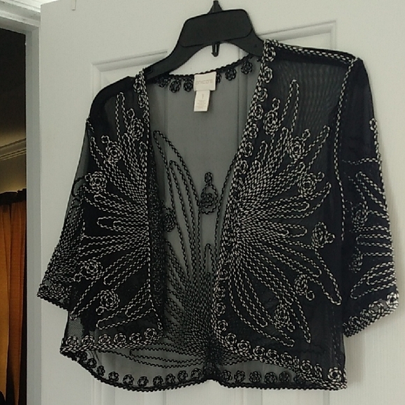 Embroidered Sheer Luxe Bolero Open Jacket Chicos Size 1 or US M 8-10 NWOT - Picture 3 of 13